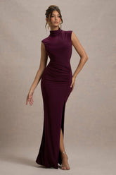 Plum Ruched High-Neck Maxi Dress With Split